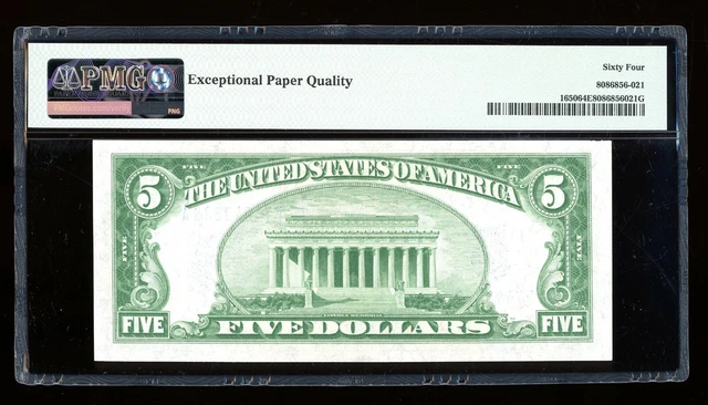 DBR 1934 $5 Silver Fr. 1650 BA Block PMG 64 EPQ Serial B74043836A 2