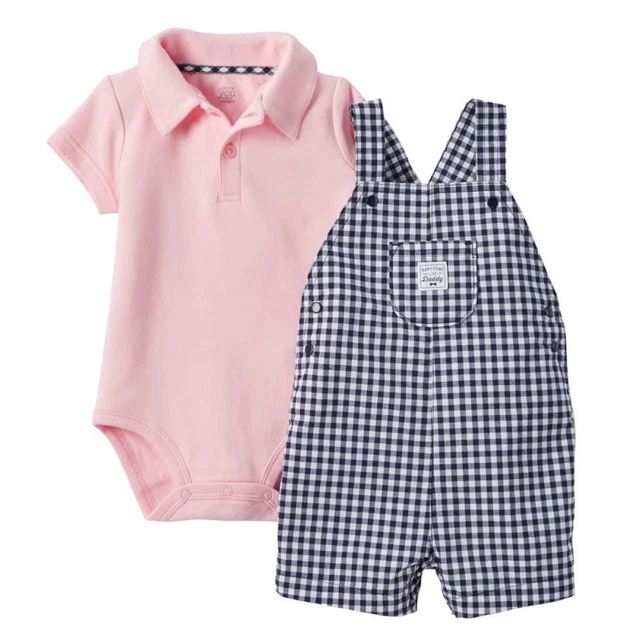 Carters Infant Boys 2-Piece Pink Bodysuit Navy Checkered Shortall Shorts Set