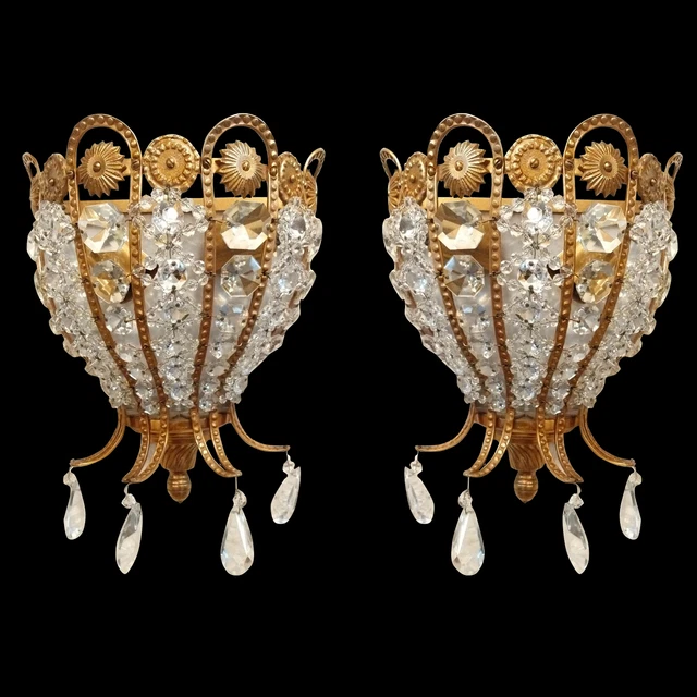Pareja antigua de apliques de bronce y cristal estilo imperio francés (1170)