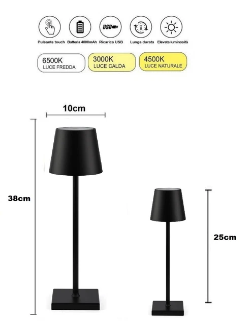 Lampada Tavolo Touch Led Moderna Ricaricabile Bar Hotel Ristorante Nero