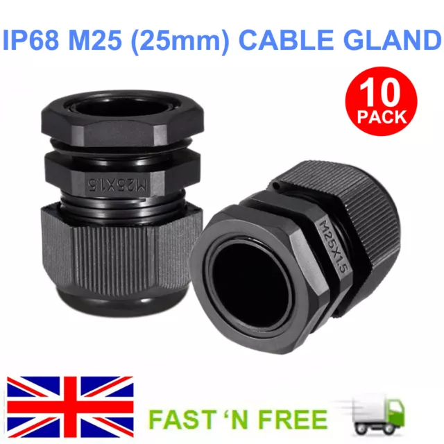 10X 25Mm M25 Cable Gland Black Waterproof Ip68 Compression Stuffing Locknut Cctv