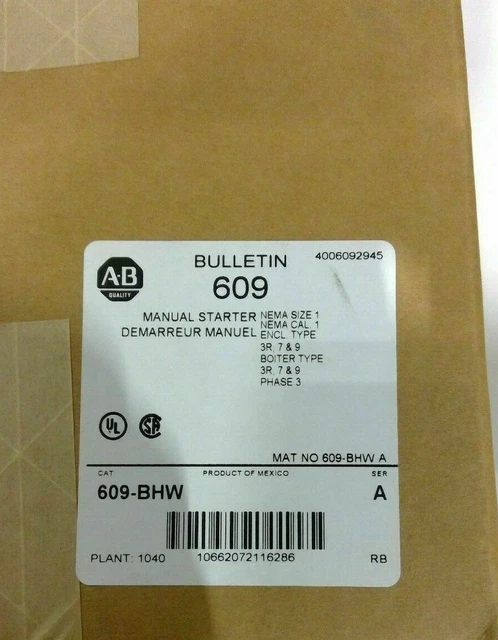 Allen Bradley 609-BHW 10hp n4 explosion proof manual starter div 1