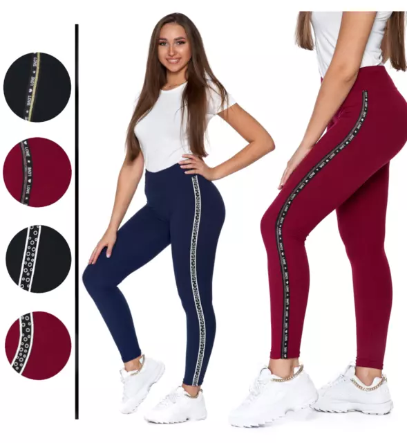 Damen Leggings lange Leggins mit Streifen Sport Jogginghose Fitness Hose 060/070