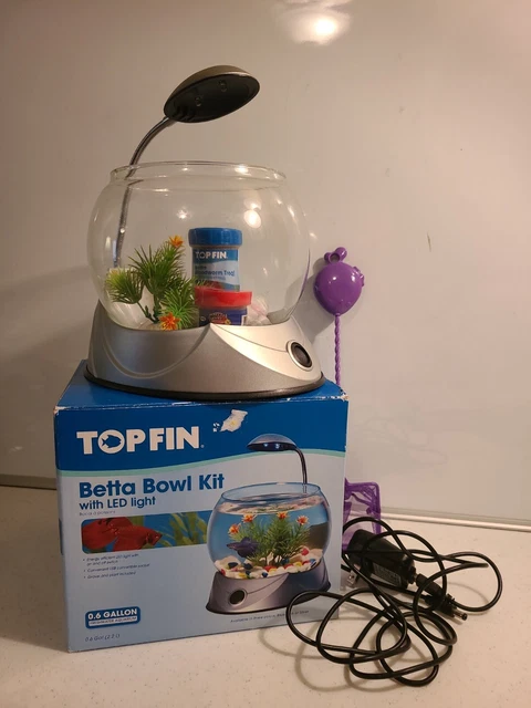 Top Fin Betta Bowl Kit- .6 Gallon tank With LED Light, Net, Betta Pellets,