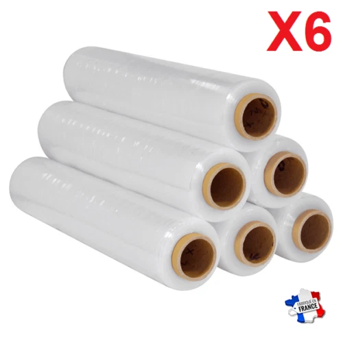 LOT DE 6 ROULEAUX FILM ÉTIRABLE TRANSPARENT 50cmx150m et épaisseur de 23 microns