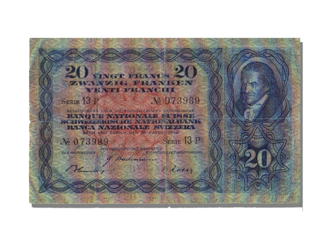 [#22614] BANKNOTE, SWITZERLAND, 20 Franken, 1939, 1939-08-26, EF $190. ...