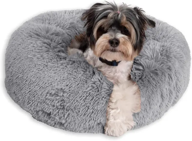 KAF Home Calming Donut Pet Bed for Dogs and Cats - Shag Fur, Small, Gray