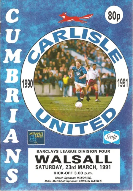 Carlisle United V Walsall 23-3-1991 Division 4 Match Day Programme