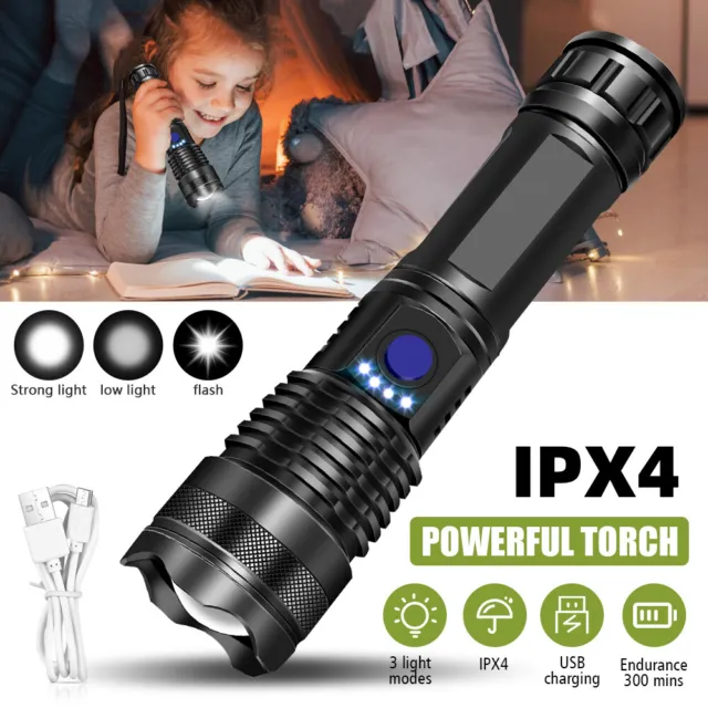 1500000LM LED Flashlight Tactical Light Super Bright Torch USB Rechargeable Lamp