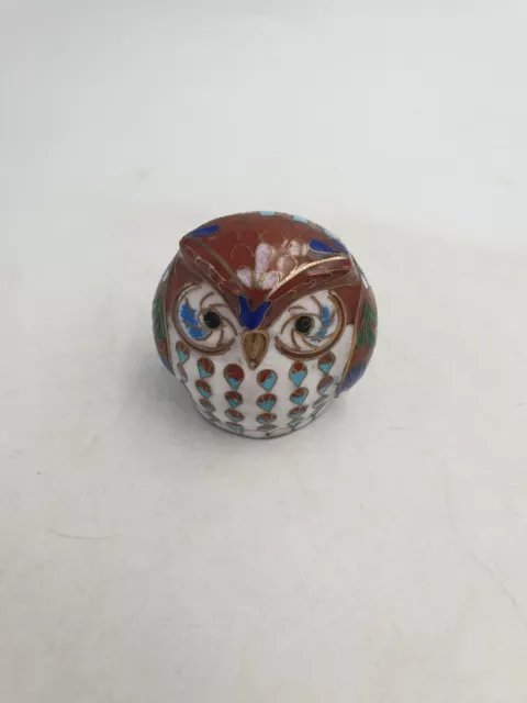 Vtg Chinese Cloisonné Enamel Owl Bird Shaped Figurine Ornament Brown Top Gilt