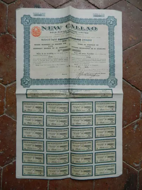 Action Obligation NEW CALLAO Gold mining company Londres 1925 2