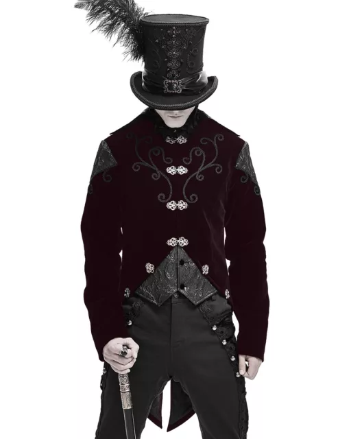 Devil Fashion Hommes Gothique Queue de Pie Veste Rouge Velours Brocart Steampunk 3