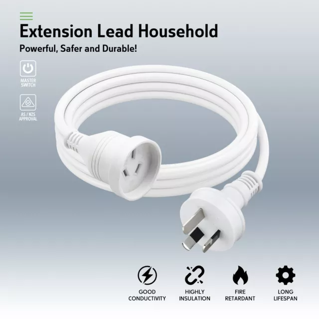 3M/5M/10M 10Amp Power Extension Cable Extension Cord Lead White 240V SAA