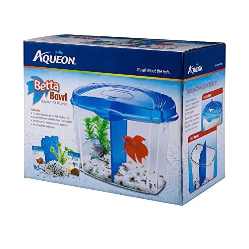 Betta Bowl Aquarium Fish Tank Kit, Blue, Half Gallon Blue Bowl
