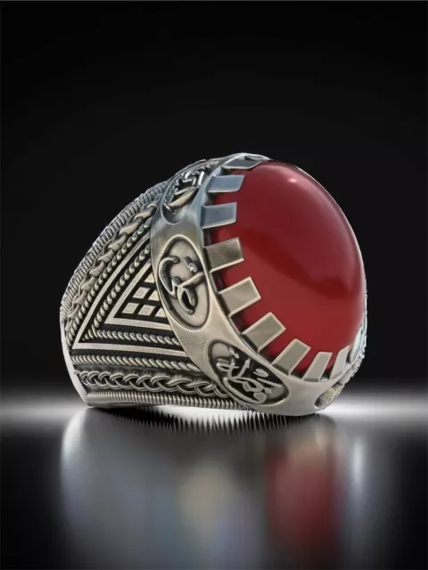 MEN SHIA ISLAMIC ring natural carnelian agate Red akik silver yemeni ...