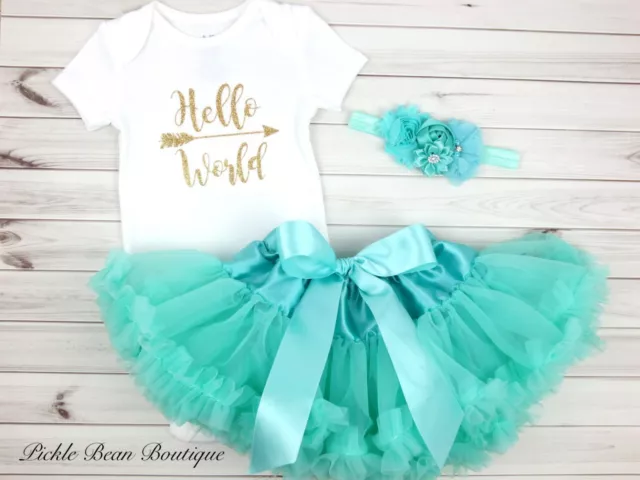 Baby Girl Coming Home Outfit, Mint Gold, Hello World Newborn Outfit, Shower Gift