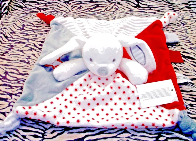 🦋  Doudou Obaibi Okaidi Lapin Chien Plat Rouge Blanc Gris Etoile Raye 100% Neuf