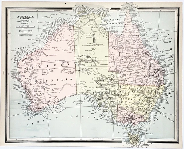 1887 Australia Map Melbourne New South Wales Sydney Perth Queensland Victoria