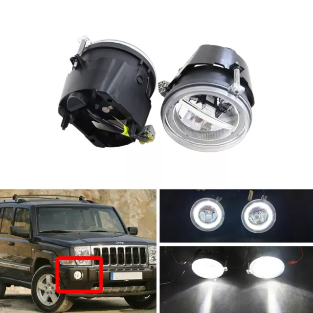 E4 E-Mark White LED Fog Light Assembly Kits W/ DRL Halo Rings For Jeep Commander
