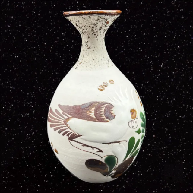 Mexico Folk Art Pottery Vase Signed MDRA Cuckoo Bird Painted 5.5”T 1.75”W