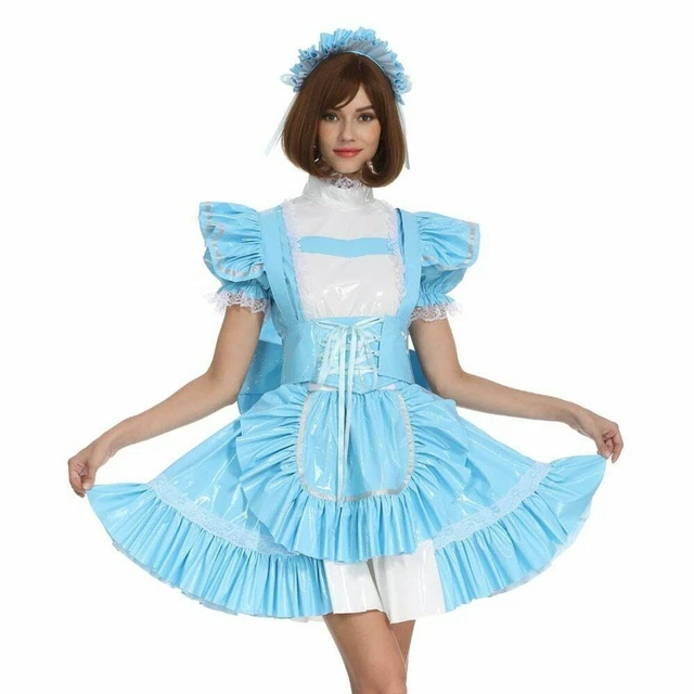 PVC SISSY GIRL Maid Lockable Baby Blue Dress cosplay Costumes Tailor