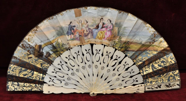 Abanico De Principios Del S. Xx Con País Pintado Y Litografiado Sobre Papel