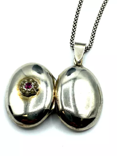 Antik 925 Silber Medaillon Rubin + Orient Perlen + schöne lange 835 Silberkette