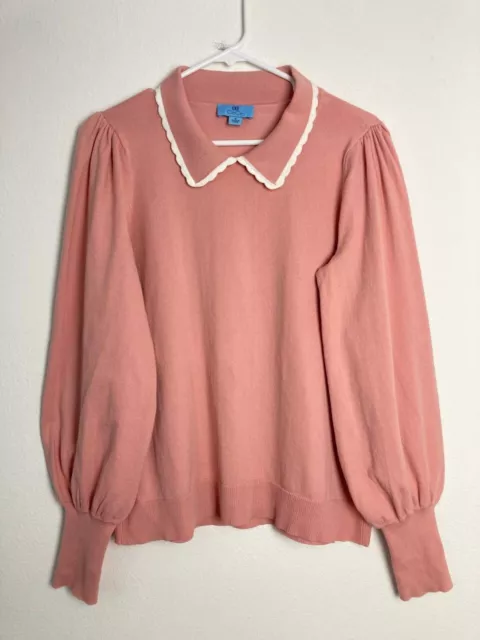 Cece Sweater Womens Medium Pink White Collar Scallop Puff Sleeves Balloon Cotton
