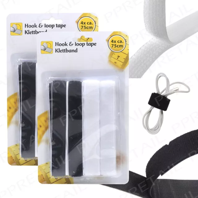 8Pc Self Adhesive Hook & Loop Tape ~BLACK & WHITE~ Cable Tidy Organiser Fastener