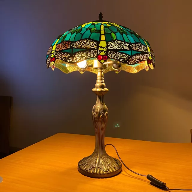 16"  Dragonfly style Tiffany Table Lamp Green & Yellow Creative Art Shade Decor