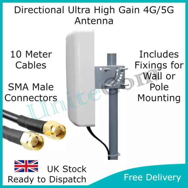 High Gain Dual Input 4G/5G Directional Pole Mount Antenna 10M Cables SMA MiMo