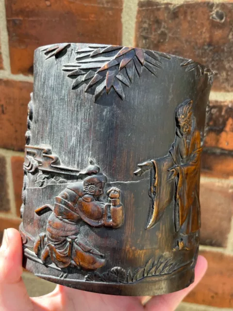 Chinese Antique Carved Bamboo Brush Pot Bitong 19th Century Qing Dynasty