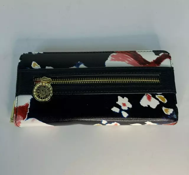 Anne Klein black faux leather zippered wallet with pink and white floral pattern