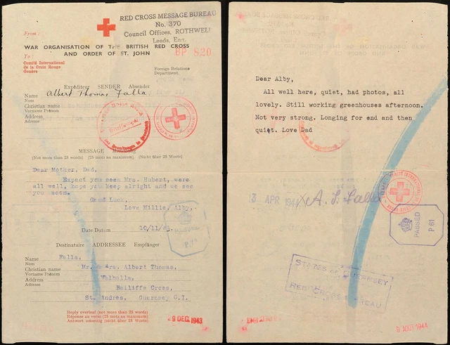 8552) Rotkreuz-Nachrichten Brief 10.11.43 England nach Guernsey Antwort 3.4.44