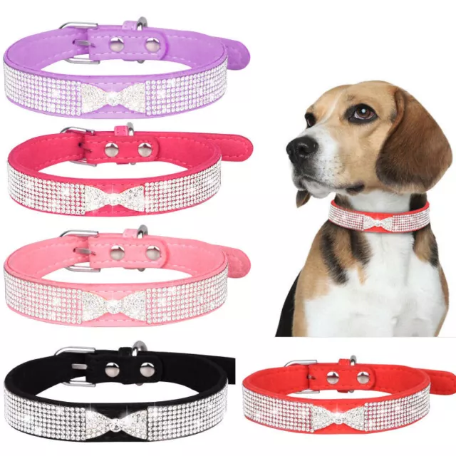 Suede Leather Dog Collar Rhinestone Diamante Soft Bow Tie Cat Puppy Small Pet UK