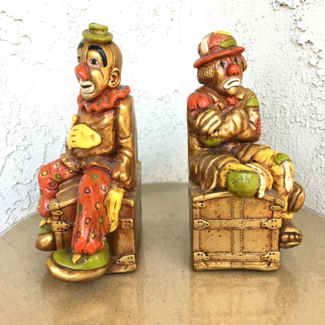 Vtg Progressive Art Products Clown Bookends Chalkware Happy Sad Circus MCM 1972