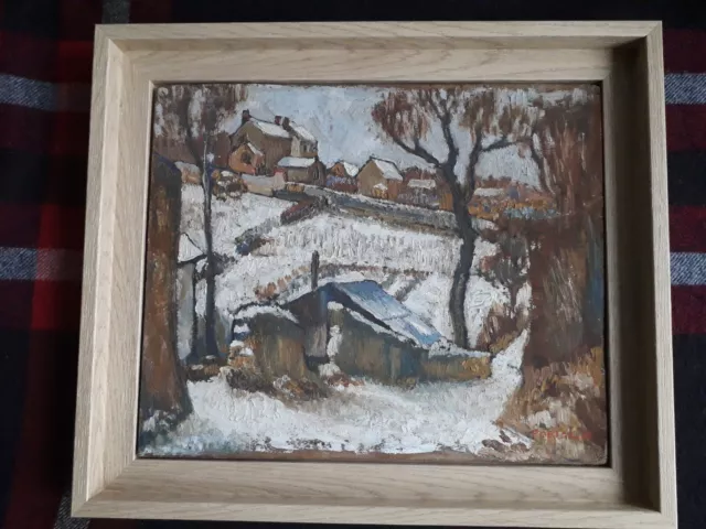 Tableau ancien à l'huile signé représentant un paysage d'hiver