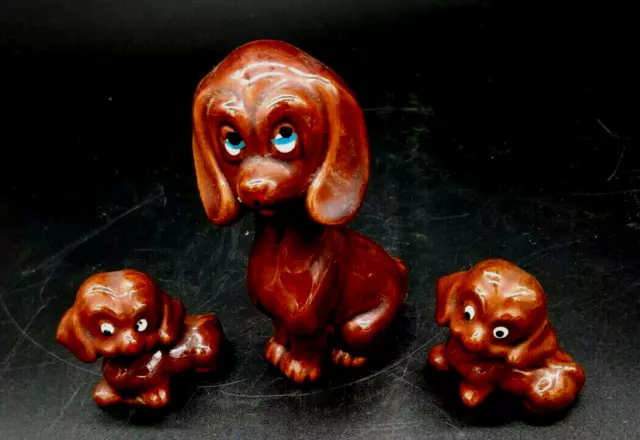 Vintage 3 Pc Brown Glazed Ceramic Beagle Dog Puppies Figurines