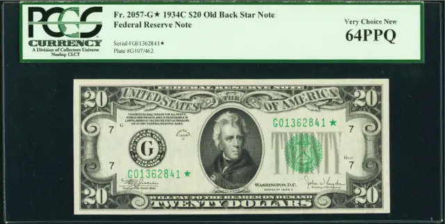 1934 C STAR # Fr 2057-G* CHICAGO $20 Old Back Federal Reserve Note PCGS 64PPQ