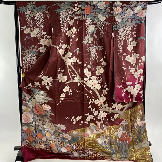Woman Japanese Kimono Furisode Silk Bird Peony Embroidery Foil Russet Brown 176