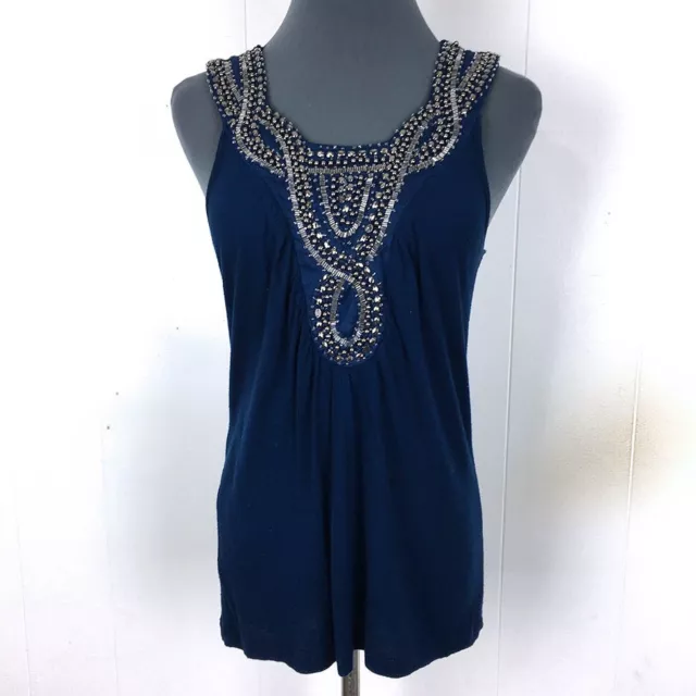 Design History Party Tank Top Women S Blue Beaded Stretch Viscose 30x25