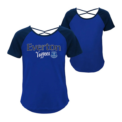 T-shirt calcio Everton ragazza (taglia 14Y) maglietta posteriore morbida crociata - nuova