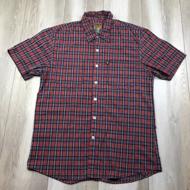 Pineapple Connection Shirt Mens Medium Red Black Plaid Button Up Short Sleeve