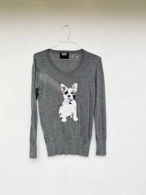 Markus Lupfer Grey Fine Knit 100% Merino Wool Sweatshirt With Sequin Dog, Sz S