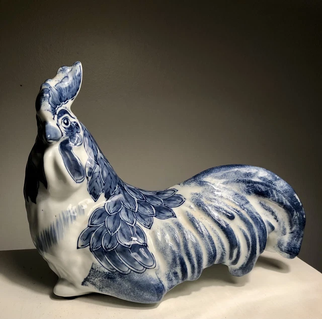 Vtg Large Rooster Blue White Hand Painted Delft Style Figurine Ceramic Bird EUC!