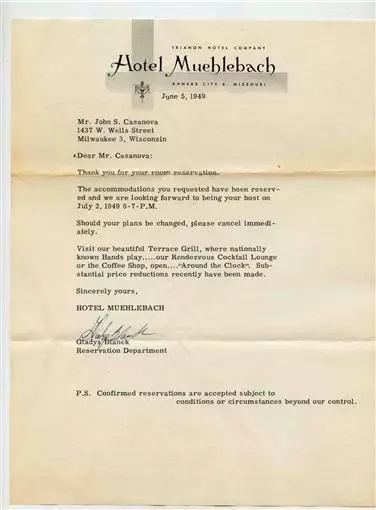 Hotel Mueblebach Kansas City Missouri 1949 Reservation Letter and Guest Receipt