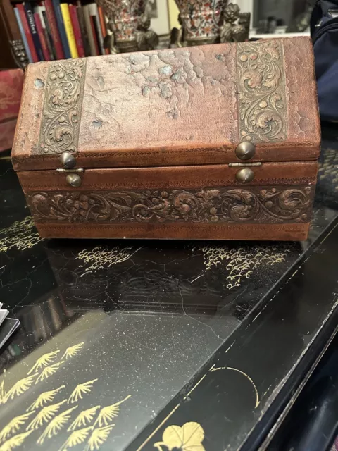 Vintage Italian hand-tooled and distressed leather and lined dome box