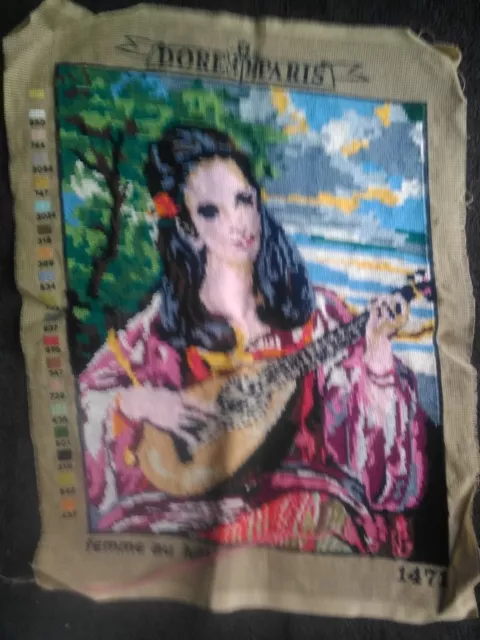 Tapestry unfinished almost 99% complete of Girl playing with Guitar 60x43CM