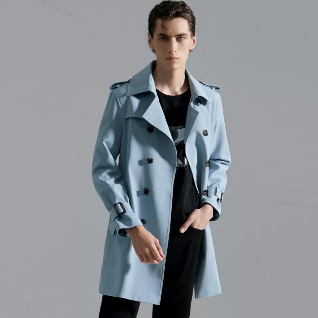 Mens Double-breasted Long Trench Coat Belted Slim Fit Outwear Jacket Overcoat Sz