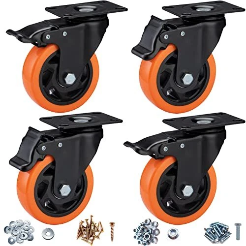 Casters, 4" Caster Wheels，Casters Set of 4 Heavy Duty -  Orange Polyurethane